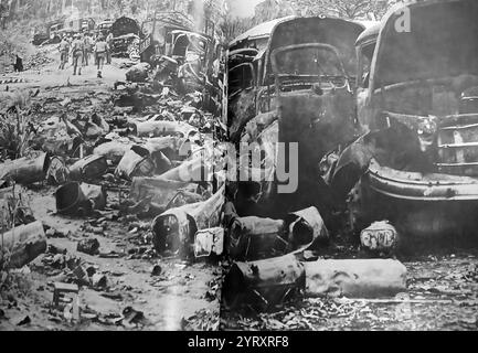 Convoi de l'armée fédérale détruit par le bombardement du Biafran pendant la guerre civile nigériane (1967 ? 15 janvier 1970), connue sous le nom de guerre du Biafra, a opposé le Nigeria à la République du Biafra, un État sécessionniste qui avait déclaré son indépendance du Nigeria en 1967. Le Nigeria était dirigé par le général Yakubu Gowon, et le Biafra par le lieutenant-colonel Chukwuemeka 'Emeka' Odumegwu Ojukwu. Le conflit résulte de tensions politiques, ethniques, culturelles et religieuses qui ont précédé la décolonisation officielle du Nigeria par le Royaume-Uni de 1960 à 1963. Les causes immédiates de la guerre en 1966 comprenaient une armée Banque D'Images