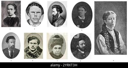 Assassins d'Alexandre Ier numérotés : 1. Sophia Perovskay ; 2. Nikolai Rysakov ; 3. Andrei Zhelyabov ; 4. Ivan Yemeyanov ; 5. Nikolai Kibalchich ; 6. Timofey Mikhailov ; 7. Hesya Helfman ; 8. Nikolai Sablin ; 9. Vera Figner. Le 13 mars 1881, Alexandre II, empereur de Russie, fut assassiné à Saint-Pétersbourg, en Russie. L'assassinat a été planifié par le comité exécutif de Narodnaïa Volia (« volonté du peuple »), principalement par Andreï Zhelyabov. Sur les quatre assassins coordonnés par Sophia Perovskaïa, deux d'entre eux ont effectivement commis l'acte. Un assassin, Nikolai Rysakov, a lancé une bombe W. Banque D'Images