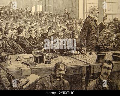 Le procès de Charles Julius Guiteau (1841 ? 30 juin 1882) qui a assassiné James A. Garfield, le 20e président des États-Unis, en 1881. Guiteau croyait avoir joué un rôle majeur dans la victoire électorale de Garfield, pour laquelle il aurait dû être récompensé par un consulat. Il se sent frustré et offensé par le rejet de ses demandes de service à Vienne ou à Paris par l'administration Garfield à un tel degré qu'il décide de tuer Garfield et de lui tirer dessus à la gare ferroviaire de Baltimore et Potomac à Washington, D.C. Garfield meurt deux mois plus tard d'infections liées aux blessures Banque D'Images