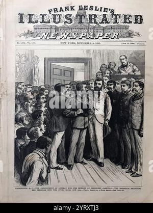 Procès de Charles Julius Guiteau (1841 ? 1882) assassine James A. Garfield, le 20e président des États-Unis, en 1881. Guiteau croyait avoir joué un rôle majeur dans la victoire électorale de Garfield, pour laquelle il aurait dû être récompensé par un consulat. Il se sent frustré et offensé par le rejet de ses demandes de service à Vienne ou à Paris par l'administration Garfield à un tel degré qu'il décide de tuer Garfield et de lui tirer dessus à la gare ferroviaire de Baltimore et Potomac à Washington, D.C. Garfield meurt deux mois plus tard d'infections liées aux blessures. En janvier 1882 Banque D'Images