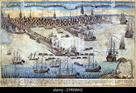 Vue d'une partie de la ville de Boston en Nouvelle-Angleterre et des navires de guerre britanniques débarquant leurs troupes, 1768 Banque D'Images