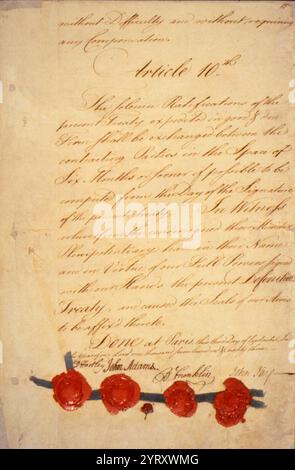 Dernière page de la version finale du traité de Paris de 1783, scellée avec les anneaux de signature des quatre diplomates. David Hartley était le représentant du roi britannique, et Benjamin Franklin, John Jay et John Adams représentaient les États-Unis. En ces jours, les diplomates pouvaient utiliser leurs sceaux familiaux sur les ébauches, alors qu'aujourd'hui ils seraient paraphés et, et seulement après avoir été ratifiés scellés avec le grand sceau des États-Unis. Banque D'Images