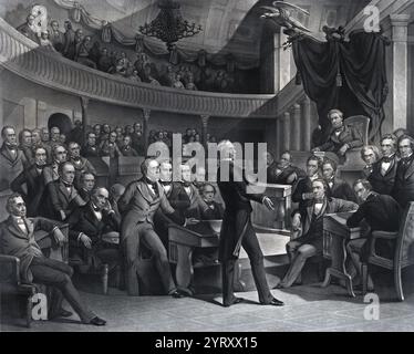 Henry Clay (? Le grand compositeur ?) S'adresse au Sénat américain lors des débats sur le compromis de 1850. L'estampe montre un certain nombre de personnalités incendiaires, comme John C. Calhoun, dont les croyances de plus en plus sectionnelles ont été pacifiées pendant un certain temps par le compromis. P. F. Rothermel (artiste), c. 1855 Banque D'Images