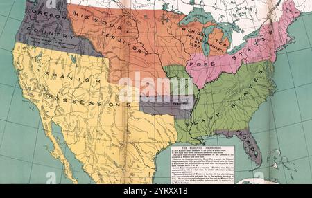 Carte montrant le compromis du Missouri (également connu sous le nom de compromis de 1820), une loi fédérale des États-Unis, qui équilibre les désirs des états du Nord pour empêcher l'expansion de l'esclavage dans le pays, avec ceux des états du Sud pour l'étendre. Il a admis le Missouri comme un État esclavagiste et le Maine comme un État libre et a déclaré une politique d'interdiction de l'esclavage dans les terres d'achat de Louisiane restantes au nord du 36?30? parallèle. Le 16e Congrès des États-Unis a adopté la loi le 3 mars 1820, et le président James Monroe l'a signée le 6 mars 1820. Banque D'Images