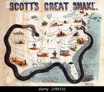 Le plan Anaconda est une stratégie définie par l'armée de l'Union pour supprimer la Confédération au début de la guerre de Sécession. Proposé par le général en chef de l'Union Winfield Scott, le plan met l'accent sur un blocus de l'Union des ports du Sud et appelle à une avance sur le fleuve Mississippi pour couper le Sud en deux. Parce que le blocus serait plutôt passif, il a été largement ridiculisé par une faction vociférante de généraux de l'Union qui voulaient une poursuite plus vigoureuse de la guerre et l'a comparée aux bobines d'un anaconda étouffant sa victime. Banque D'Images