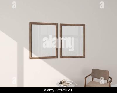 Deux maquettes de cadres en bois sur un mur blanc avec lumière naturelle et décoration intérieure scandinave. 2 posters vierges maquette, rendu 3d réaliste. Banque D'Images