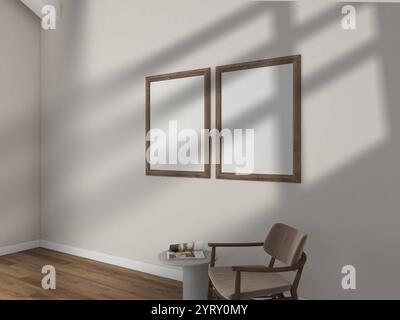 Maquette de deux cadres sur mur blanc avec lumière naturelle, rendu réaliste, scène de salon intérieure moderne. Maquette d'affiches vierges. Banque D'Images