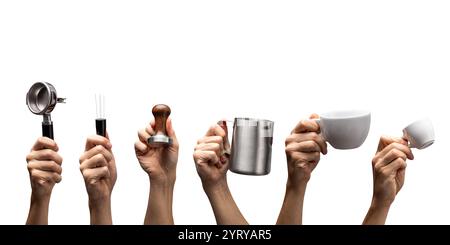 Diverses mains tenant des outils espresso et des tasses isolées sur blanc Banque D'Images