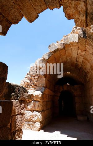 Ruines de l'amphithéâtre romain, Bayt Jibrin (Beit Guvrin), Israël. Au VIIIe siècle av. J.-C., le village faisait partie du Royaume de Juda. Après la tourmente de la première guerre judéo-romaine et la révolte de Bar Kokhba, la ville est devenue une colonie romaine florissante et un centre administratif majeur sous le nom d'Eleutheropolis. Le site a été fouillé par Victor Guérin en 1863. Banque D'Images