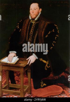 Portrait de Thomas Percy, 7e comte de Northumberland, agenouillé sur un coussin, et de l'ordre du collier et de la jarretière, lisant un livre de prières. Par Steven van der Meulen. Thomas Percy, 7e comte de Northumberland, 1er baron Percy, KG (1528 ? 22 août 1572), mena le soulèvement du Nord et fut exécuté pour trahison. Il a ensuite été béatifié par l'Église catholique. Banque D'Images