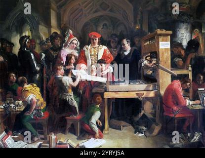 William Caxton montrant le premier spécimen de son estampe au roi Édouard IV à l'Almonry, Westminster : avec Edward sont sa femme, Elizabeth Woodville, et leurs enfants, Elizabeth, Edward, et Richard. Banque D'Images