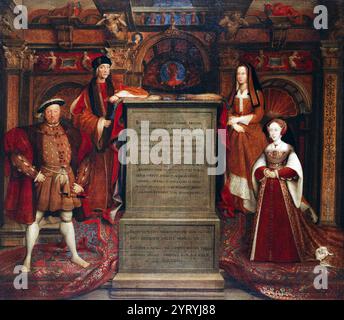 Copie aux huiles de la murale de 1536?37 Hans Holbein Whitehall, 7. De gauche à droite : Henry VIII, Henry VII, Elizabeth d'York, Jane Seymour. Elizabeth d'York (1466 ? 1503) était la reine d'Angleterre de son mariage avec le roi Henri VII le 18 janvier 1486 jusqu'à sa mort en 1503. Elle est la fille du roi Édouard IV et de son épouse Elizabeth Woodville, et son mariage avec Henri VII fait suite à sa victoire à la bataille de Bosworth Field, qui marque la fin des guerres des Roses. Banque D'Images