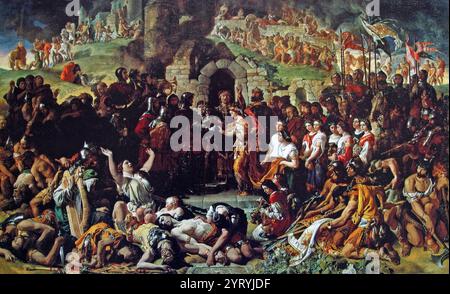 Peinture du mariage d'Aoife et Strongbow, image emblématique de l'invasion normande de l'Irlande. Le mariage de Strongbow et Aoife (1854), par Daniel Maclise, représente le mariage de 1170 du chevalier normand Richard de Clare, (« Strongbow ») avec la princesse irlandaise Aoife N? Diarmait. Il est décrit comme un moment charnière dans la conquête normande de l'Irlande et la mort de l'Irlande gaélique. Au premier plan se trouvent les corps de guerriers irlandais morts. À gauche se trouve une harpe celtique à cordes brisées. Richard se tient sur un haut croisement brisé WHA 197 0436 Banque D'Images