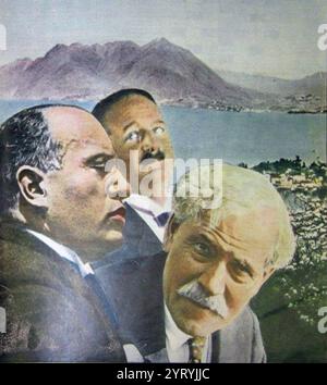 Le premier ministre français Pierre-Etienne Flandin (avec Pierre Laval), le premier ministre britannique Ramsay MacDonald et le premier ministre italien Benito Mussolini assistent à la conférence de Stressa, le 14 avril 1935 Banque D'Images