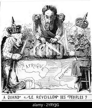 Caricature représentant le roi de Belgique Léopold II au milieu, l'empereur allemand Guillaume Ier à droite, et un ours couronné (représentant l'Empire russe à gauche), coupant une citrouille (représentant le Congo) à la Conférence de Berlin de 1884, avec le texte ci-dessous "quand la veille du peuple?" Banque D'Images