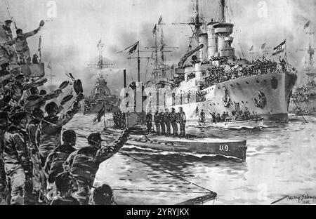 Activités allemandes de la première Guerre mondiale. Sous-marin allemand, U-9, au retour Wilhelmshaven, Allemagne. Œuvre de Willy Stower, 1914. Banque D'Images