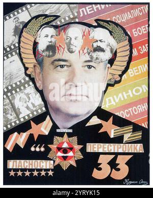 Affiche russe soviétique représentant Mikhail ? Gorbatchev, l'architecte des grandes réformes représentées par Glasnost et Perestroïka. 1980 s Banque D'Images