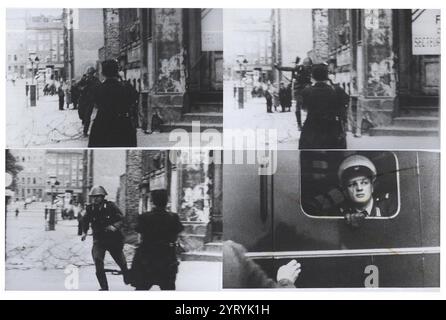 15 août 1961. Le garde est-allemand Conrad Schumann saute vers la liberté à Berlin-Ouest. Extrait du livret "Une ville déchirée : construction du mur de Berlin". Hans Conrad Schumann, aussi connu sous le nom de Konrad Schumann (28 mars 1942 ? 20 juin 1998) était un garde-frontière est-allemand qui s'est échappé en Allemagne de l'Ouest lors de la construction du mur de Berlin en 1961. Banque D'Images