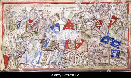 La bataille de Stamford Bridge, de la vie du roi Édouard le Confesseur par Matthew Paris. xiiie siècle. La bataille eut lieu le 25 septembre 1066. Il a été combattu entre l'armée anglaise dirigée par le roi Harold Godwinson et les forces norvégiennes dirigées par le roi Harald Hardrada et le frère du roi anglais Tostig Godwinson. Hardrada et Tostig, ainsi que la plupart des Norvégiens, furent tués. Bien qu'Harold Godwinson ait repoussé les envahisseurs norvégiens. Son armée est ensuite vaincue par les Normands à Hastings quelques semaines plus tard. WHA 197 0728 Banque D'Images