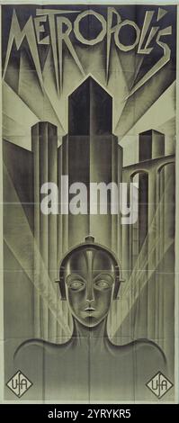 Metropolis, par le réalisateur Fritz Lang (1890--1976), est généralement considéré comme un chef-d'œuvre du cinéma expressionniste allemand et un précurseur des films de science-fiction modernes. Le film a été tourné en 1925--26, dans les studios de Babelsberg (Berlin) de la plus grande société de cinéma allemande, Universum film AG (Ufa), et a été présenté en première à Berlin en janvier 1927. Cette affiche art-déco de 1926 du graphiste et peintre allemand Heinz Schulz-Neudamm (1899--1969) a été créée pour la première fois. Le film de Lang, basé sur le roman du même nom de sa femme Thea von Harbou (1888--1954), dépeint une dystopie urbaine, située dans le YE Banque D'Images