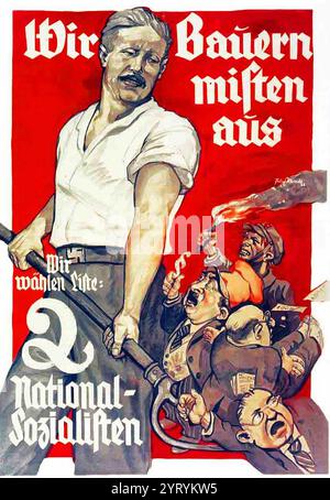 (À gauche) affiche de 1932 montrant un fermier nazi, nettoyant les écuries de ceux que les nazis ont blâmés pour ses problèmes : révolutionnaires communistes brandissant le flambeau, patrons corrompus du Parti social-démocrate et capitalistes financiers juifs. Le chancelier allemand, Heinrich Br?ning, a été représenté parmi eux. Banque D'Images