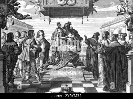 Allégorie sur la naissance de Louis XIV. la reine Ann sur le trône en tant que régente, avec l'enfant Louis XIV sur ses genoux. Imprimé par Abraham bosse, 1638. Banque D'Images