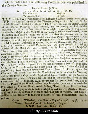 Le journal Northampton Mercury rapporte la signature du traité Aix la Chapelle 1748 entre la Hollande, l'Espagne et la France. Banque D'Images