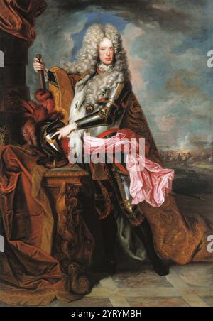 L'empereur Joseph Ier avec son armure et son état-major, devant une scène de bataille. 1705. Par Frans Van Stampart. L'empereur Joseph Ier (1678 ? 1711), empereur romain germanique et souverain de la monarchie autrichienne des Habsbourg de 1705 à 1711. Joseph continua la guerre de succession d'Espagne, commencée par son père contre Louis XIV de France, dans une tentative de faire de son frère cadet Charles VI, roi d'Espagne. Dans le processus, cependant, en raison des victoires remportées par son commandant militaire, le prince Eugène de Savoie, il réussit à établir l'hégémonie autrichienne sur l'Italie. Banque D'Images