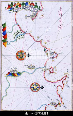 Carte de la côte algérienne depuis le port de Bejaia jusqu'à Annaba avec la ville de Constantine. Carte de Piri Reis. circa 1550 Banque D'Images