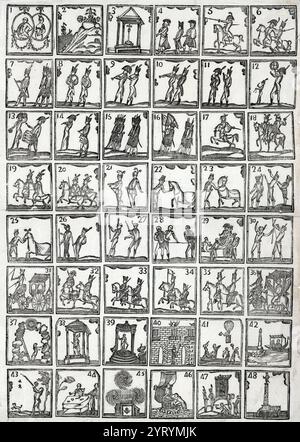 L'imprimé montre quarante-huit scènes numérotées relatives à la vie de Charles IV, roi d'Espagne. Dans l'image numéro quarante et un, un homme dans un ballon agite un drapeau pour commémorer l'accession de Charles IV comme roi d'Espagne et son entrée à Barcelone en 1788. Charles IV (1748 ? 1819) était roi d'Espagne et souverain de l'Empire espagnol de 1788 à 1808. Banque D'Images
