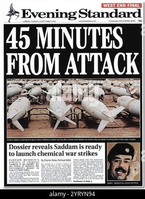 En septembre 2002, le dossier clé du gouvernement Blair sur les armes de destruction massive en Irak ? a été repris par la page d'accueil du ? London Evening Standard?: ?45 MINUTES DE L'ATTAQUE?. Banque D'Images