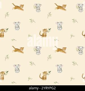 Motif sans couture avec feuilles d'eucalyptus vert et mignon tigre et koala. Illustration isolée à l'aquarelle sur fond orange clair. Enfants de dessins animés Banque D'Images