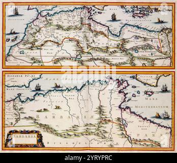 Barbaria ? Jan Janssonius, montre la côte de l'Afrique du Nord, une zone connue au XVIIe siècle sous le nom de Barbarie, fréquentée par les flottes pirates à l'époque. c.1650. Banque D'Images