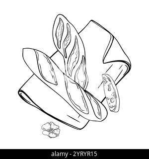 Pain de seigle rustique sur serviette illustration vectorielle noire blanche isolée. Baguette dessinée à la main et morceau de pain, fleur de lin en ligne de contour Artisan Illustration de Vecteur