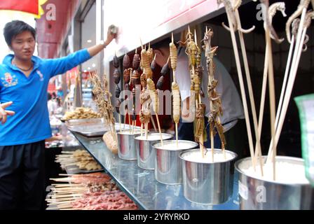 Les stands de nourriture chinois qui vendent des scorpions, des centipèdes et d’autres insectes frits ont rouvert après leur fermeture pendant 70 jours en raison de l’épidémie de coronavirus. Les vendeurs du marché nocturne quotidien de Nanning proposent divers en-cas et plats, tels que poulpe grillé, écrevisses épicées, boulettes cuites à la vapeur et gâteaux de riz. Banque D'Images