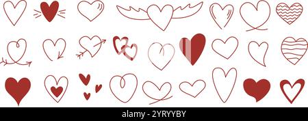 Jeu de coeurs de style croquis de doodle. Collection dessinée à la main d'icônes de coeur de différents types. Cœur rouge symbole d'amour, clip art romantique mignon Bunch, vecteur Illustration de Vecteur