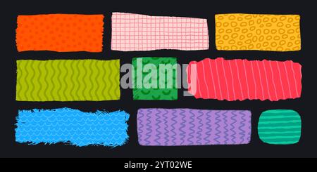 Ensemble de formes rectangulaires avec arêtes rugueuses déchirées. Cadres carrés de style grunge avec bordure et motifs déchirés. Badges vintage dessinés à la main, bannières et autres Illustration de Vecteur