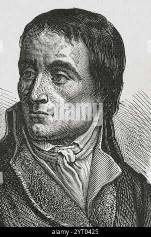 Jean-Baptiste Carrier (1756-1794) Révolutionnaire et homme politique français, surtout connu pour ses actions sanglantes dans la guerre de Vendée, sous le règne de la terreur (1793-1794). Après la chute du gouvernement de Robespierre, Carrier est jugé pour crimes de guerre par le Tribunal révolutionnaire, reconnu coupable et guillotiné sur la place de grève à Paris le 16 décembre 1794. Portrait. Gravure. Historique Banque D'Images