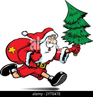 Exécution du Père Noël avec sac de don et arbre de noël. Personnage pour carte, bannière ou affiche du nouvel an. Vecteur sur fond transparent. Illustration de Vecteur