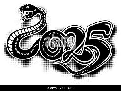 Serpent entrelacé sous la forme du nombre 2025. Silhouette de serpent combinée avec symbole numérique pour le nouvel an chinois 2025. Vecteur dans le pop art comique Illustration de Vecteur