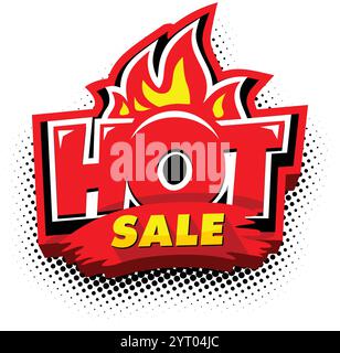 Icône de vente chaude. Étiquette avec flamme dans le style pop art. Modèle vectoriel sur fond transparent Illustration de Vecteur