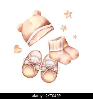 Newborn beanie, shoes and socks set with heart and stars. Watercolor hand drawn illustration isolated on white background. Golden brown baby girl or b Banque D'Images