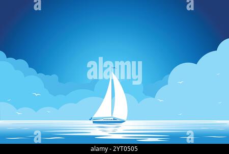 Yacht à voile sur les vagues de la mer. Voilier moderne, mer bleue et ciel avec des nuages. Modèle d'en-tête d'arrière-plan de vecteur Illustration de Vecteur