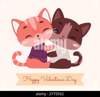 Chats très mignons embrassant. Chats rouges et bruns en chandails. Carte de Saint-Valentin. Illustration de Vecteur