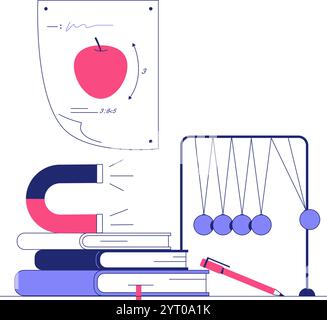 Livres de science avec aimant et Newtons Cradle en illustration vectorielle plate symbolisant l'éducation, la physique et l'apprentissage, isolé sur fond blanc. Illustration de Vecteur