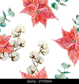 Fleur de poinsettia de Noël, brin de coton et d'eucalyptus, motif aquarelle sans couture. Illustration vectorielle dessinée à la main. Pour les cartes de nouvel an, invitations Illustration de Vecteur