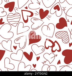 Motif sans couture de coeurs de style croquis Doodle. Icônes de coeur de fond dessinées à la main de différents types. Symbole d'amour imprimé coeurs rouges pour textile, papier peint Illustration de Vecteur