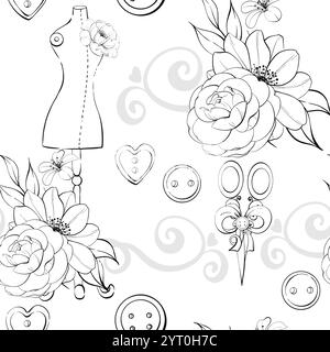 Mannequin vintage avec fleurs et outils de couture - boutons, aiguilles, ciseaux. Mode ancienne, modèle sans couture de couturier, fond. Romantique et Illustration de Vecteur