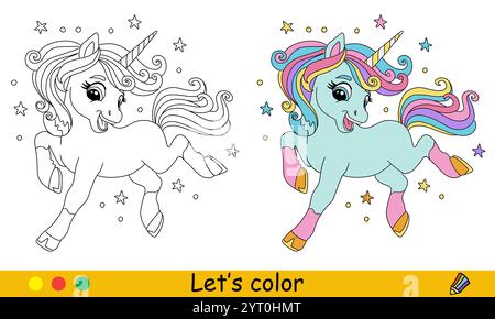 Enfants coloriage avec modèle de couleur Cute turquoise licorne Illustration de Vecteur