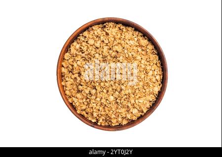 Flocons de sarrasin sains dans un bol isolé sur fond blanc. vue de dessus. Banque D'Images